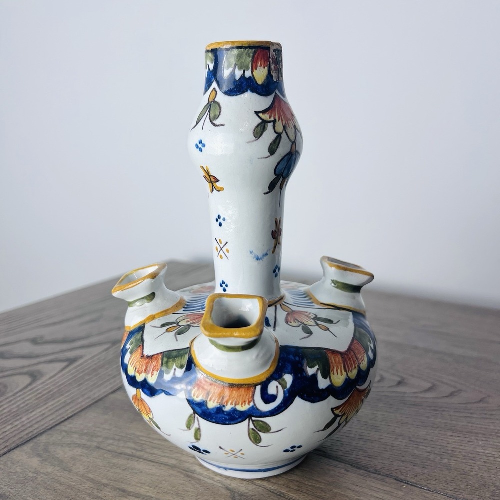 Vintage French Faience Tulipiere 5 Spout Hand Painted Vase Bouquetiere